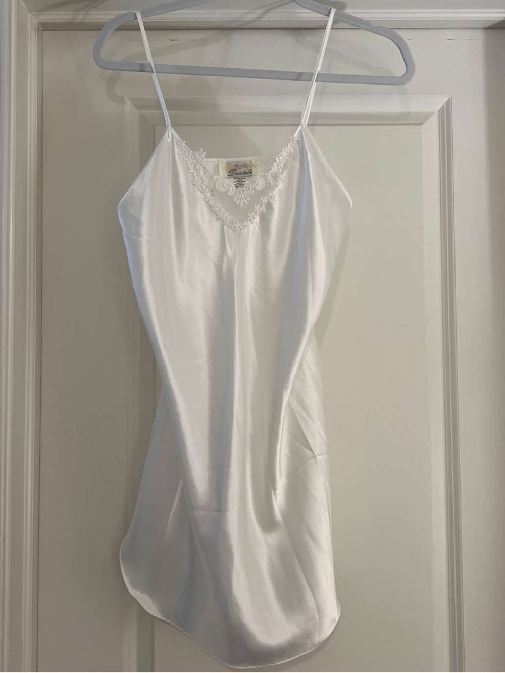 Vintage White Satin Slip Dress with Lace Trim